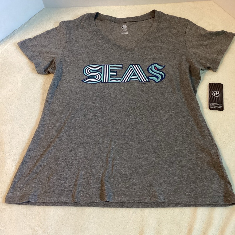 Seattle Kraken Shirt Women Heather Gray NHL Short Sleeve V-Neck LARGE